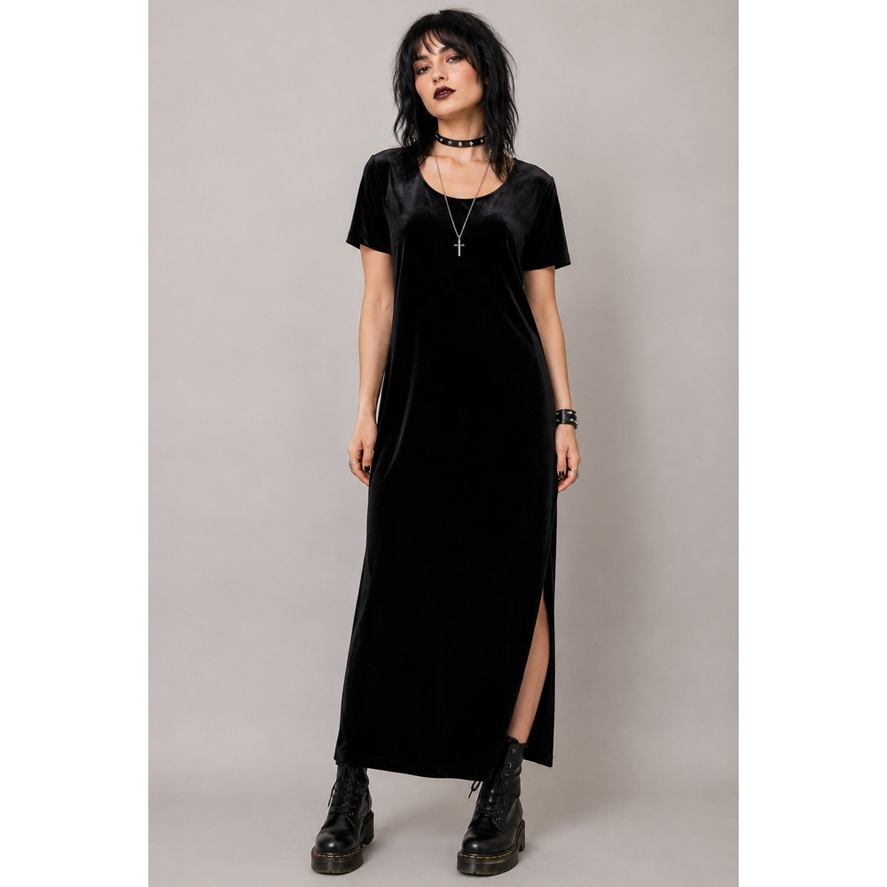 90s Black Velour Maxi Dress Goth‎ Minimalist Side Slit Large